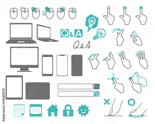 マウス・スマホ・タッチパネルを操作する手とパソコン・タブレット・WEBに関するアイコンのセット