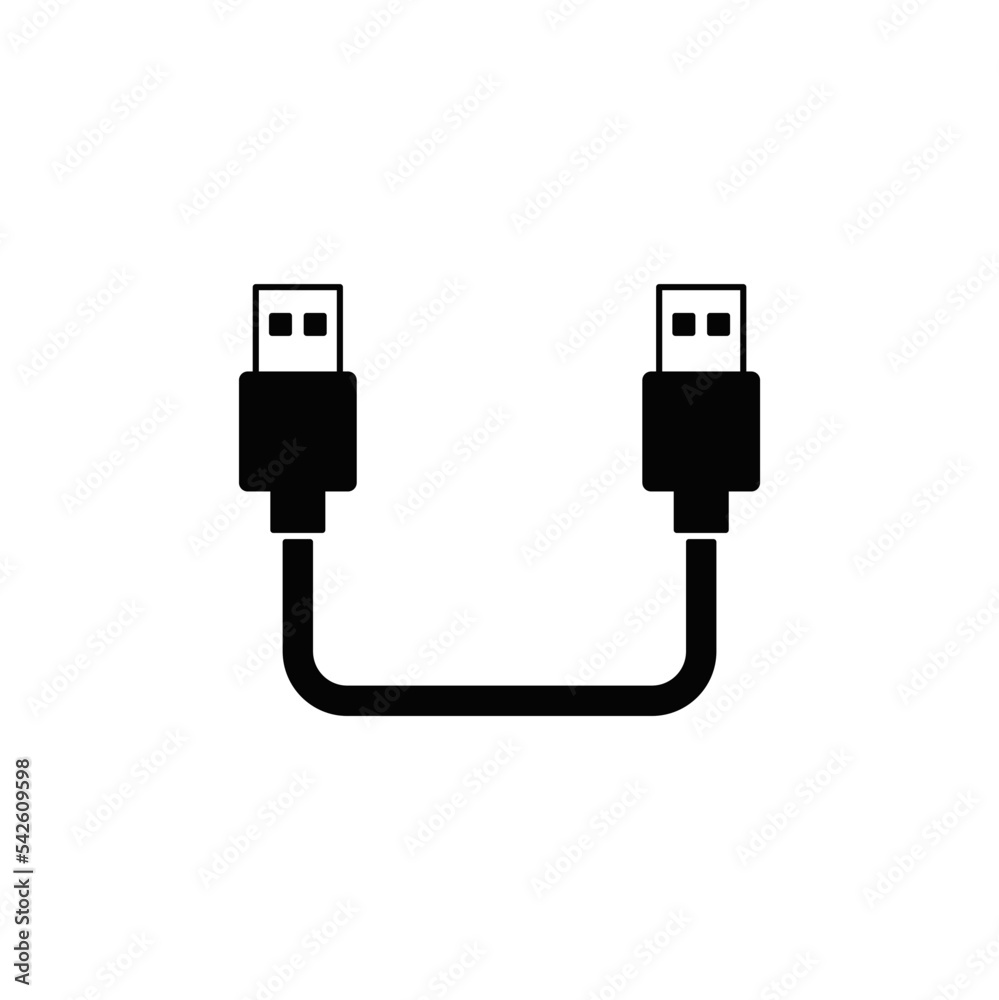USB cable icon in black flat glyph, filled style isolated on white background