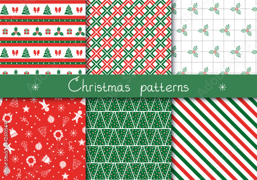 Set of cute seamless Winter Time patterns with traditional ornaments