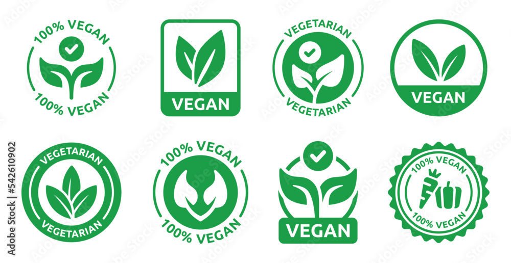 Vegan icon set. Bio, organic and healthy food symbol. Vegetarian and vegan label icon collection. Vector illustration. - obrazy, fototapety, plakaty 