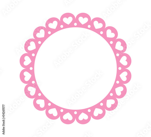 Circle scalloped frame with hearts. Scalloped edge round shape. Simple label sticker form. Flower silhouette lace frame. Cute vintage frill ornament. Vector illustration isolated on white background.