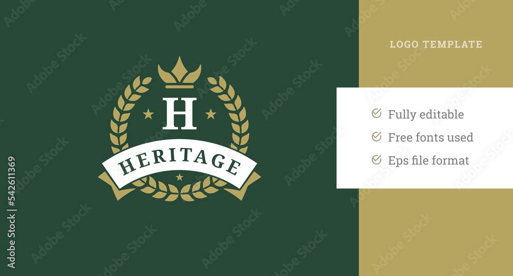 Premium vintage letter in crown with laurel wreath ribbon logo design ...