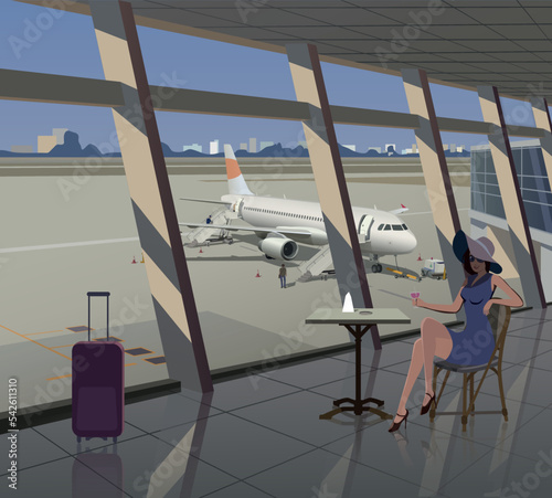 The girl at the airport at the table on the background of the plane. Vector.