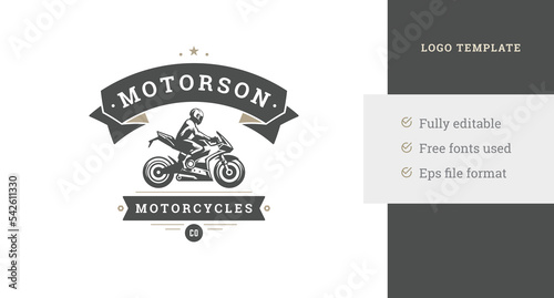 Biker riding on speed motorbike side view vintage logo design template premium quality ribbon vector