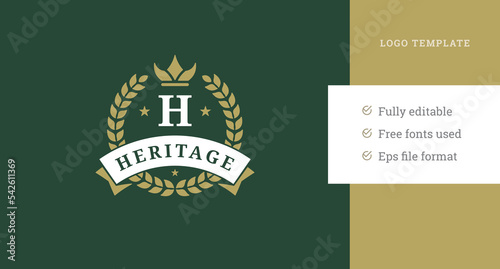 Premium vintage letter in crown with laurel wreath ribbon logo design template vector illustration