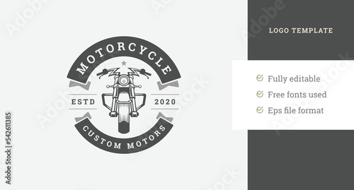 Retro motor bicycle front view circle decorative logo design template festive ribbon border vector