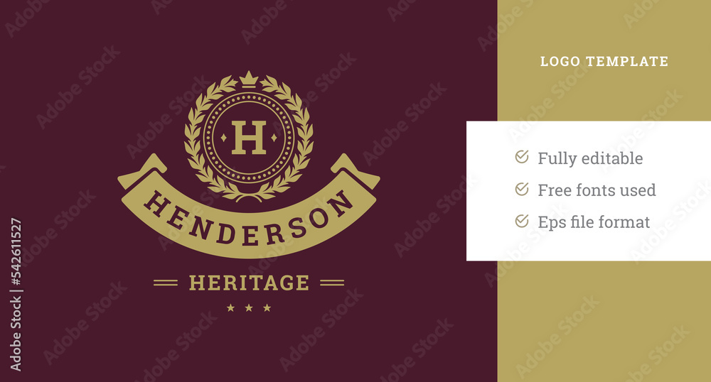 Obraz premium Luxury medieval decorative logo design template circle laurel wreath imperial crown ribbon vector