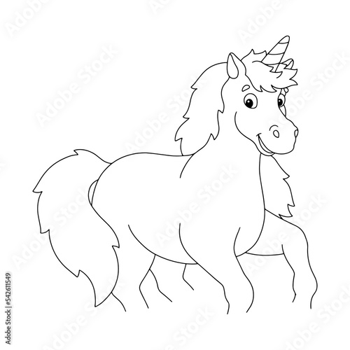 A frolicking unicorn. Coloring page for kids. Digital stamp. Cartoon style character. Vector illustration isolated on white background.