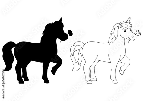 Black silhouette unicorn. Design element. Vector illustration isolated on white background. Template for books  stickers  posters  cards  clothes.