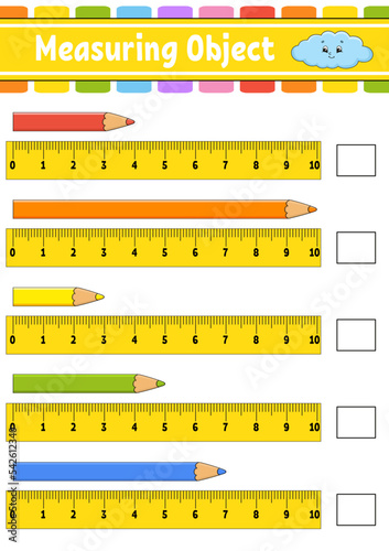 Measuring object with ruler. Education developing worksheet. Game for kids. Color activity page. Puzzle for children. Cute character. Vector illustration. cartoon style.