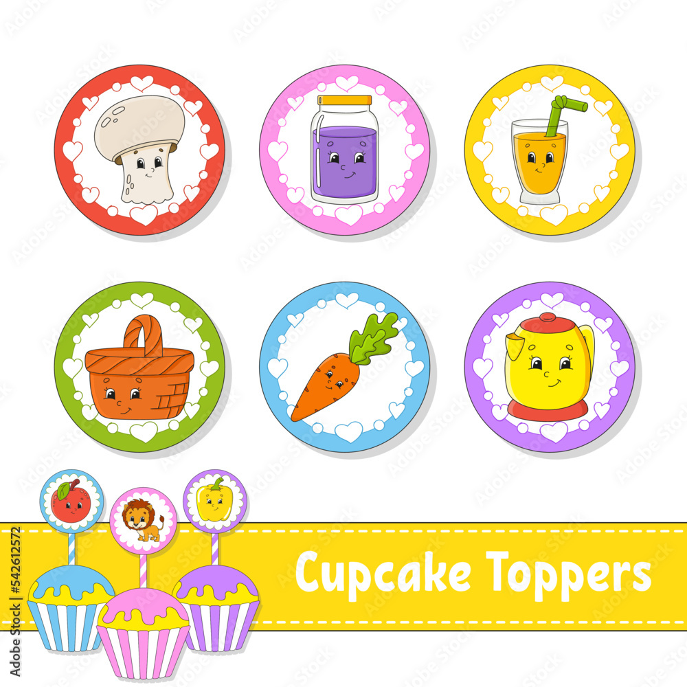 Obraz premium Cupcake Toppers. Set of six round pictures. cartoon characters. Cute image. For birthday, baby shower. Isolated on white background. Vector illustration.