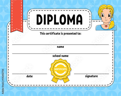 Diploma sertificate template. For school and preschool. For kids and children. Vector illustration.