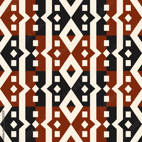 Geometric colorful pattern. Vector geometric red-black checkered seamless pattern background. Ethnic geometric stripes pattern. Use for fabric, interior decoration element, upholstery, wrapping.