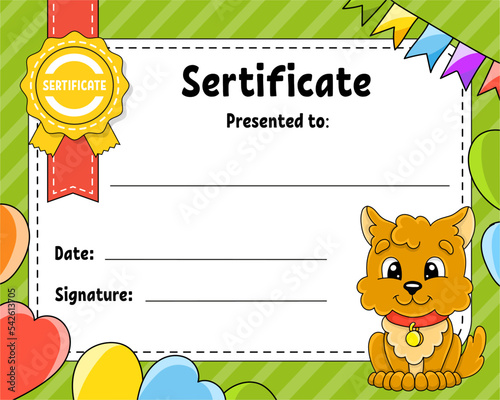 Sertificate template for kids. Colorful school and preschool diploma. With cute character. Vector illustration.
