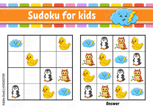 Sudoku for kids. Education developing worksheet. cartoon character. Color activity page. Puzzle game for children. Logical thinking training. Vector illustration.