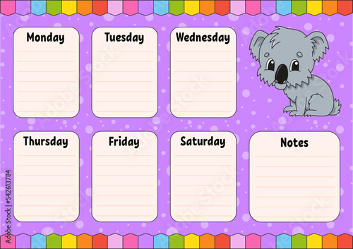 School schedule. Timetable for schoolboys. Empty template. Weekly planer with notes. Isolated color vector illustration. cartoon character.