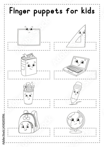 Finger puppets. Coloring page for kids. Back to school theme. Vector illustration.