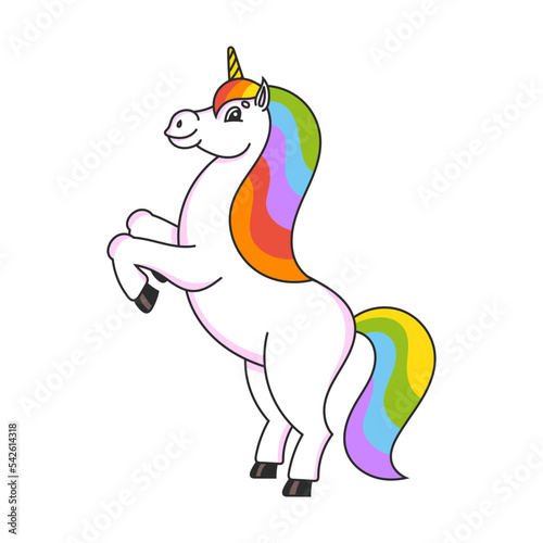 The magical unicorn reared up. The animal horse stands on its hind legs. Cartoon style. Simple flat vector illustration.