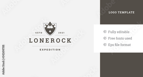 Retro design of label with mountain and expedition