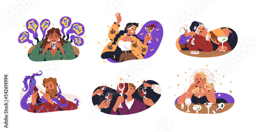 Drinking people set. Alcohol abuse, addiction concept. Drunk men, women with wine glasses at party, excessive cocktails in club, spirits in pub. Flat vector illustrations isolated on white background