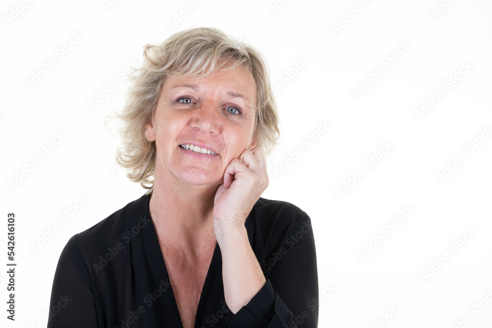 portrait of beautiful confident mature blond woman senior looks at camera friendly smiling portrait of beautiful confident mature blond woman senior looks at camera friendly smiling