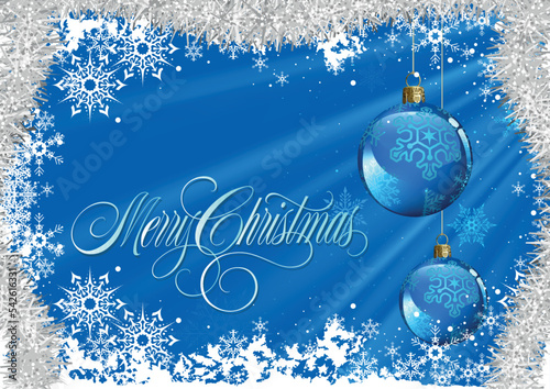 Blue Abstract Christmas Background with Rays of Light and Hanging Christmas O...