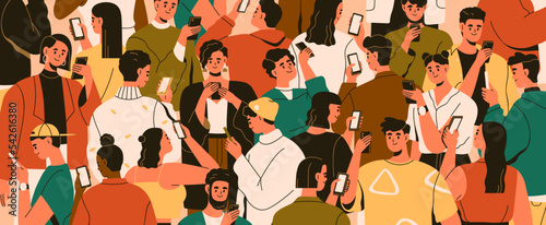 Crowd with mobile phones. Smartphone addiction problem, online life concept. Many people surfing internet, reading and scrolling social media, networks with gadgets. Colored flat vector illustration