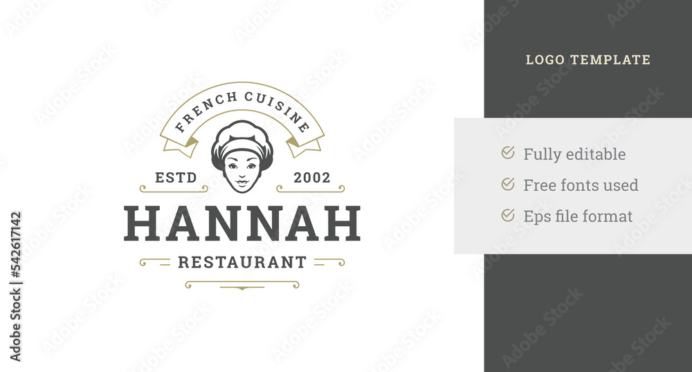 Female kitchen staff chef hat premium restaurant vintage logo design template golden ribbon vector