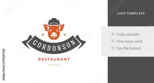Pig head in chef hat premium meat grill restaurant vintage logo design template vector illustration
