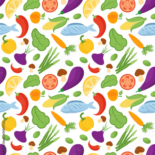 Vegetarian  Fruit and Vegetables Seamless Pattern Design with Fresh  Organic and Natural Food in Hand Drawn Flat Cartoon Background Illustration