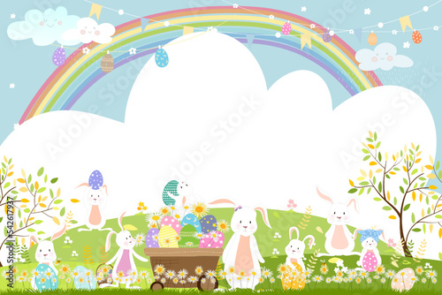 Spring field with rainbow, bunny hunting Easter eggs,Vector Cute cartoon rabbits playing in green grass field. Spring or Summer time banner with copy space for easter greeting card background
