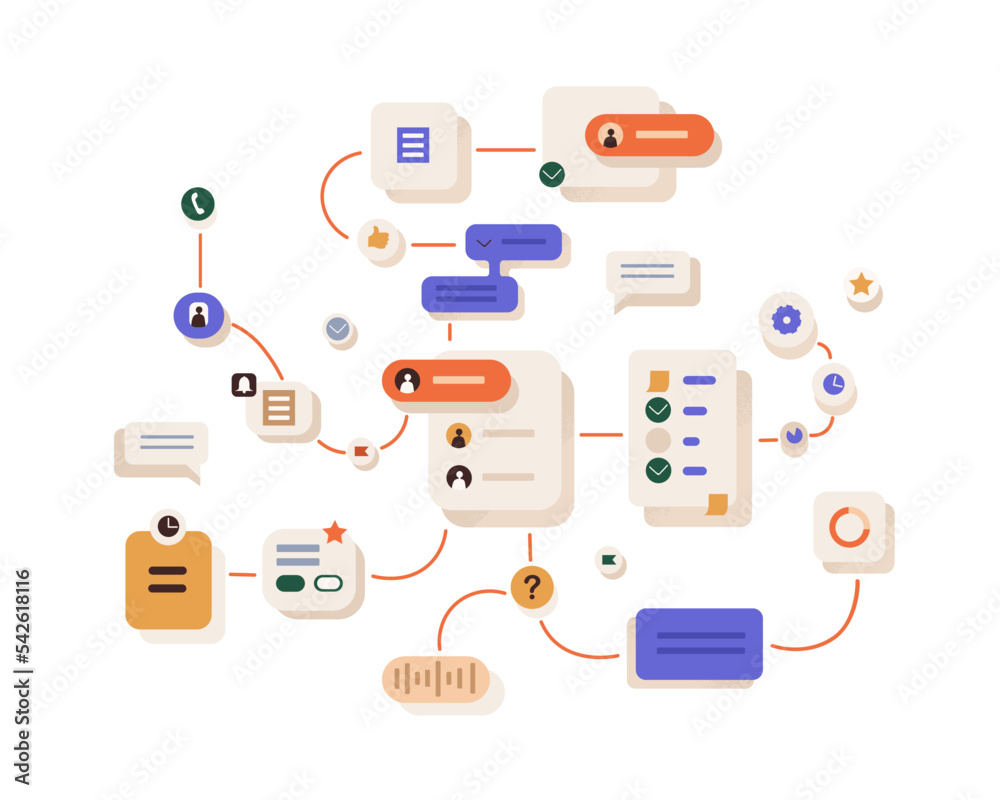 Workflow, work organization concept. Project management process, abstract business system network, scheme with connections, interactions, tasks. Flat vector illustration isolated on white background - obrazy, fototapety, plakaty 