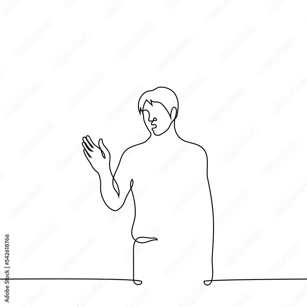 man speaks gesticulates with hand - one line drawing vector. concept man accuses, express grievances and claims