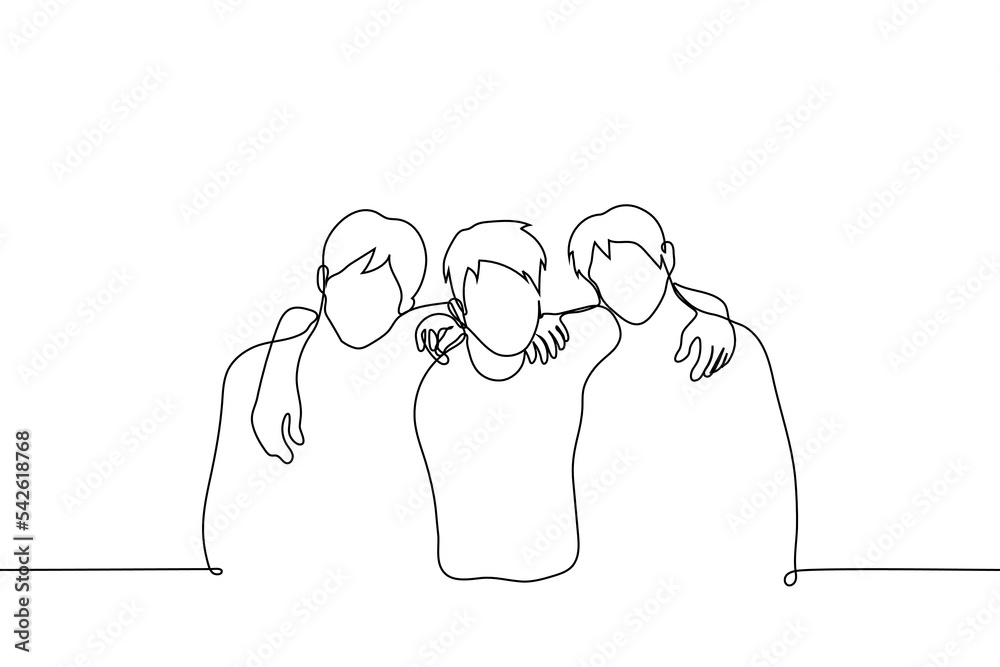 friends hugging shoulders - one line drawing vector. concept a group of ...