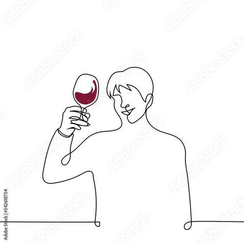 man smiles raising his glass with red wine splashing in it - one line drawing vector. concept toast, wine tasting, sommelier