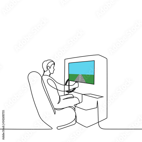 man sitting at driving simulator - one line drawing vector. auto driving simulation slot machine concept