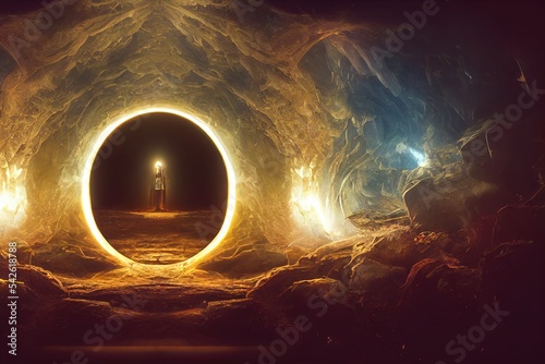 Fotografie, Obraz Sorcerer silhouette in mystical time portal with magic light effect and bright sphere lens optical illusion
