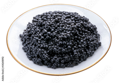 Luxury Black caviar in white plate isolated on white background, Texture of expensive luxury caviar in white plate PNG File.