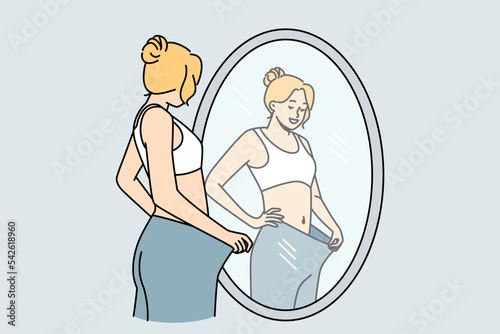 Happy young woman look in mirror see loose big trousers lose weight with sport and diet. Smiling satisfied girl weightloss journey. Vector illustration. 