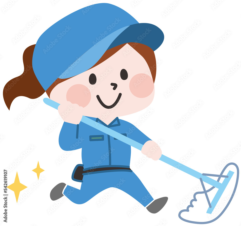  モップをかける清掃員の女性イラスト