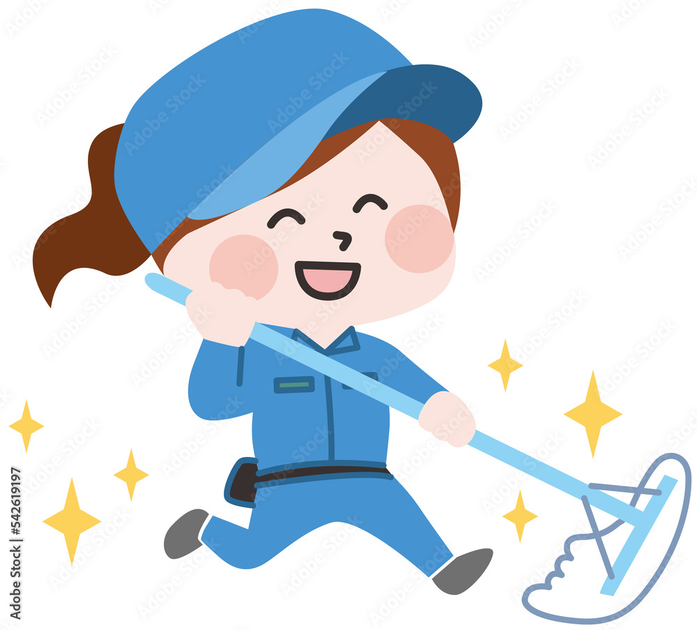 モップをかける清掃員の女性イラスト モップをかける清掃員の女性イラスト
