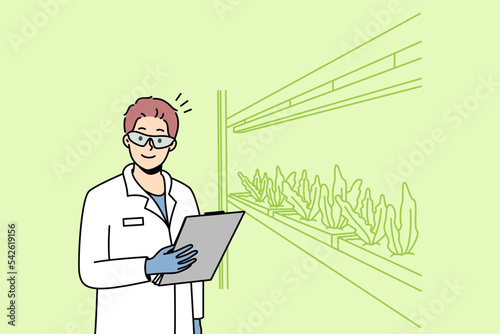 Smiling male scientist in uniform growing plants in laboratory. Happy man researcher make experiments in lab or greenhouse. Vector illustration. 