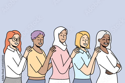 Group of smiling multiracial women stand together showing unity and support. Happy interracial multiethnic females demonstrate togetherness. Vector illustration. 