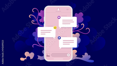 Phone with text messages - Smartphone with chat message on screen in beautiful colours and decorative background. Flat vector design illustration