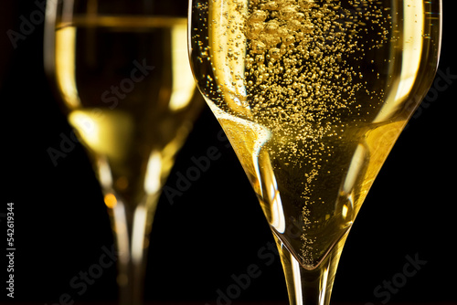 Sparkling champagne in a glass in front of dark background