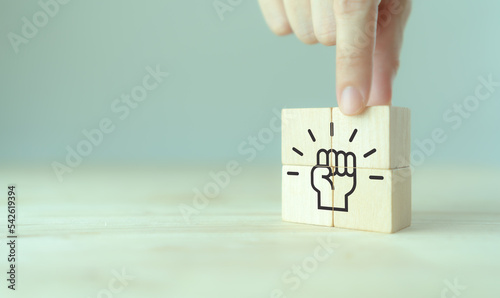 Culture of empowerment concept. Winning, success  and life goals. Ways to foster employee empowerment; goal, growth, moral, power, learning, access and positive thinking.Giving team members authority.