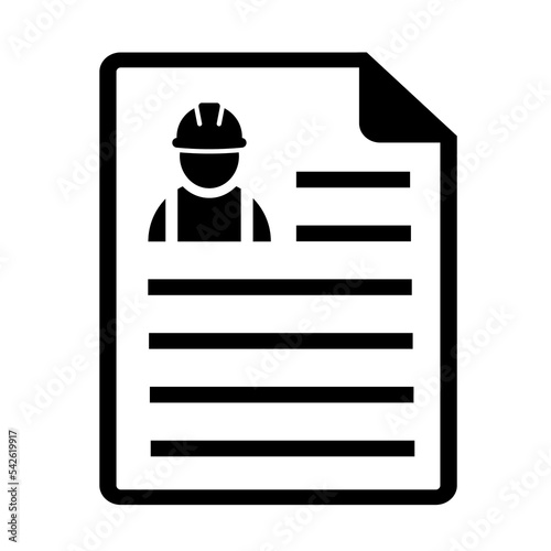 Construction worker resume icon in flat style. Contract symbol isolated on white background. Simple resume abstract icon in black. Vector illustration for graphic design, Web, UI, mobile app