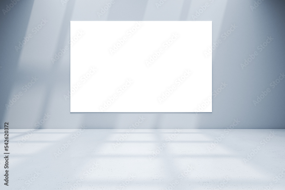 Creative concrete gallery interior with empty white mock up poster, sunlight and shadows. 3D Rendering. Creative concrete gallery interior with empty white mock up poster, sunlight and shadows. 3D Rendering.
