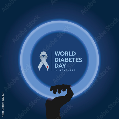 world diabetes day - Silhouette hand hold white neon blue circle symbol with text and gray ribbon diabetes awareness sign in circle on dark blue abckground vector design