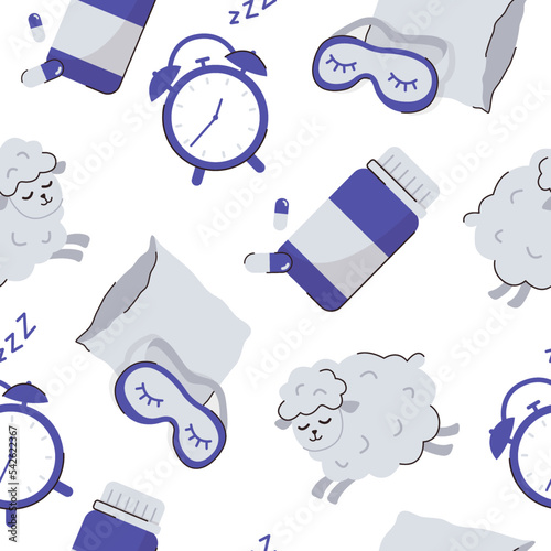 Seamless pattern with items for better sleep. Sleeping pills, alarm clock, pillow, and face mask. Relaxation, sleeping concepts. Trendy vector flat illustrations.